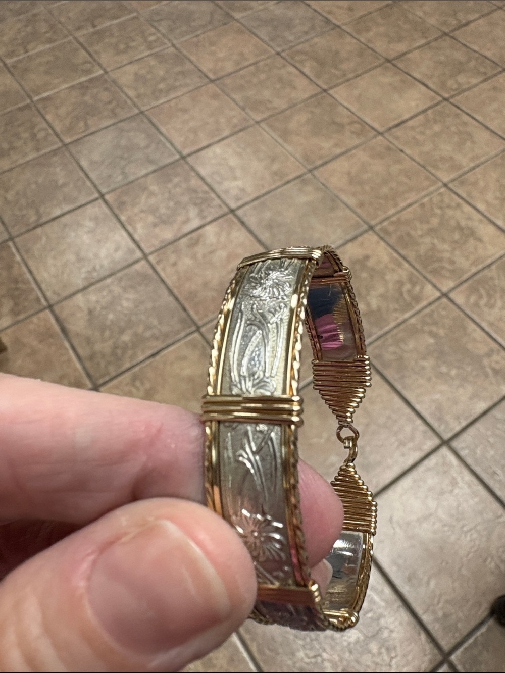 Ronaldo Silver/Gold Floral Engraved Cuff Bracelet for Women size 7